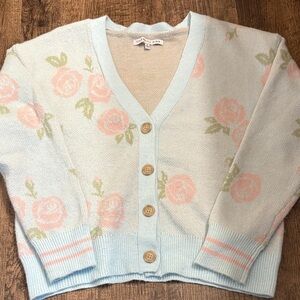 Celebrity Pink Floral Cardigan - Light Blue and Pink Roses Cottage Cozy